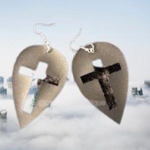 3" Black Cross Cutout Teardrop Faux Leather Earrings  (2)